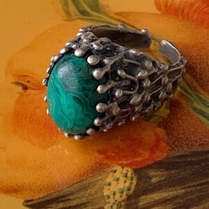 Vintage Sterling Silver Ring Malachite 9 Brutalist Avant Garde Adjustable